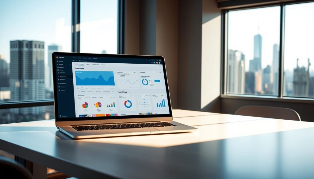 A modern, well-designed marketing platform sits atop a sleek, minimalist desk, illuminated by natural light filtering through large windows. The platform's interface features a clean, intuitive layout with customizable dashboards, analytical data visualizations, and seamless campaign management tools. In the background, a cityscape skyline reflects the platform's global reach and enterprise-level capabilities. The overall atmosphere conveys a sense of efficiency, professionalism, and technological sophistication - qualities that users of an email marketing platform would find appealing and trustworthy. A modern, well-designed marketing platform sits atop a sleek, minimalist desk, illuminated by natural light filtering through large windows. The platform's interface features a clean, intuitive layout with customizable dashboards, analytical data visualizations, and seamless campaign management tools. In the background, a cityscape skyline reflects the platform's global reach and enterprise-level capabilities. The overall atmosphere conveys a sense of efficiency, professionalism, and technological sophistication - qualities that users of an email marketing platform would find appealing and trustworthy.