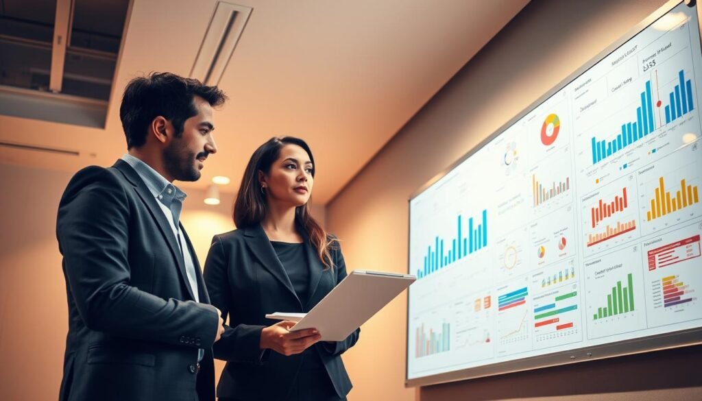 A modern, well-lit office interior with a large whiteboard on the wall, depicting a variety of colored graphs, charts, and test results. In the foreground, two business professionals, a man and a woman, are intently discussing the data, their expressions focused and engaged. The lighting is warm and directional, creating depth and highlighting the key elements. The background features a minimalist, clean design with neutral tones, emphasizing the professionalism and analytical nature of the scene. The overall atmosphere conveys a sense of productive collaboration and the rewarding results of rigorous testing.