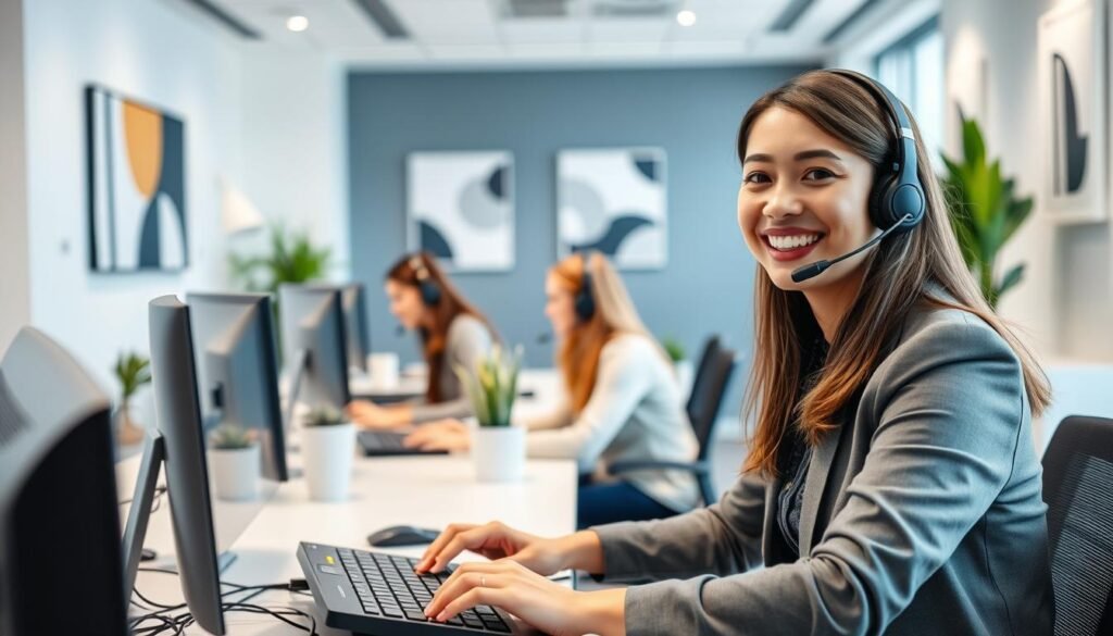 A modern, well-lit office interior with a team of customer support representatives seated at desks, engaged in friendly conversations with clients over headsets. In the foreground, a person in a business casual outfit smiles as they type on a computer, conveying a positive, helpful attitude. The middle ground features other support staff assisting customers, creating a sense of a collaborative, efficient workspace. The background showcases sleek, minimalist decor with potted plants and abstract wall art, evoking a professional, yet welcoming environment. The lighting is soft and diffused, creating a warm, approachable atmosphere.