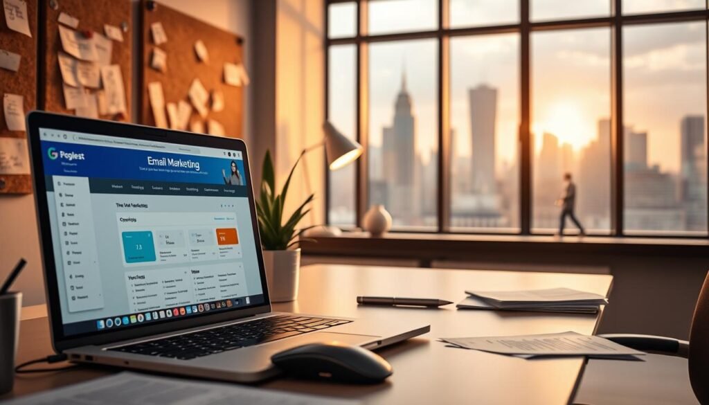 A modern, well-lit office scene with a laptop displaying an email marketing dashboard. In the foreground, a desk with a mouse, keyboard, and a stack of papers. On the wall, a cork board with sticky notes and inspirational quotes. The middle ground features a potted plant and a sleek desk lamp. In the background, a large window overlooking a bustling city skyline, with warm, diffused lighting filtering through. The overall atmosphere is one of productivity, focus, and a sense of digital marketing innovation.