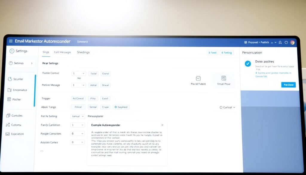 A modern, well-organized software dashboard displaying the settings and features for a professional email autoresponder system. The foreground shows a user interface with clearly labeled controls for managing message scheduling, triggers, and personalization options. The middle ground features a preview pane displaying an example autoresponder message. The background has a subtle, clean aesthetic with soft gradients and minimalist iconography, conveying a sense of efficiency and productivity. Bright, diffused lighting from above casts a natural glow across the scene, emphasizing the clarity and intuitiveness of the autoresponder configuration. The overall atmosphere is one of digital proficiency, streamlined workflow, and email marketing optimization.
