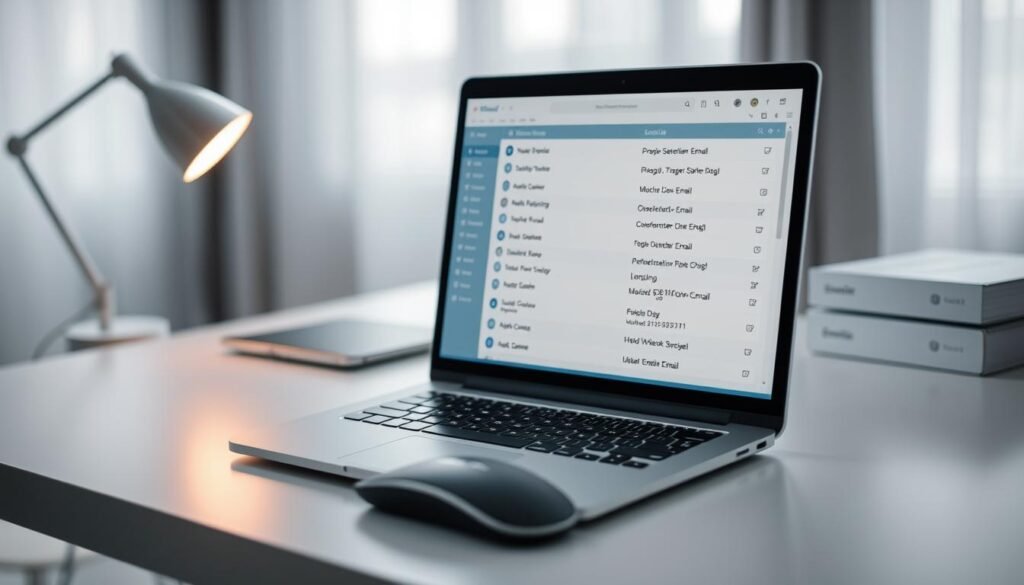 A neatly organized email list displayed on a clean, minimalist desktop. The foreground features a sleek laptop screen showcasing a well-structured email database, with contacts categorized by name, email, and other relevant details. The middle ground shows a modern, ergonomic workspace setup with a stylish mouse, keyboard, and an elegant desk lamp providing gentle, balanced lighting. The background subtly blurs out, creating a serene, professional atmosphere that evokes a sense of efficiency and data management. The overall composition conveys the importance of maintaining a well-curated email list as a crucial aspect of effective communication and sender reputation.