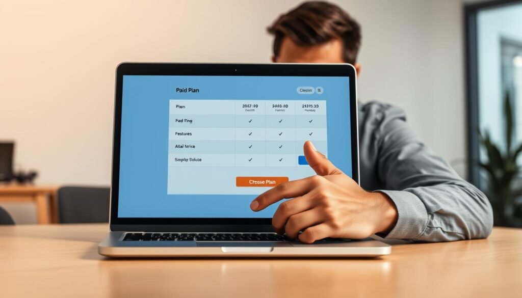 A person contemplating various paid plan options on a laptop screen, set against a clean, minimalist office backdrop. Warm, directional lighting highlights the focused expression and decision-making process. The screen displays plan comparison details with clear pricing, features, and call-to-action buttons. The user's hand hovers over the "Choose Plan" button, conveying the moment of consideration before commitment. The composition emphasizes the importance of this pivotal decision, with the laptop positioned centrally and the user's body language exuding determination. An atmosphere of professionalism and productivity pervades the scene. A person contemplating various paid plan options on a laptop screen, set against a clean, minimalist office backdrop. Warm, directional lighting highlights the focused expression and decision-making process. The screen displays plan comparison details with clear pricing, features, and call-to-action buttons. The user's hand hovers over the "Choose Plan" button, conveying the moment of consideration before commitment. The composition emphasizes the importance of this pivotal decision, with the laptop positioned centrally and the user's body language exuding determination. An atmosphere of professionalism and productivity pervades the scene.