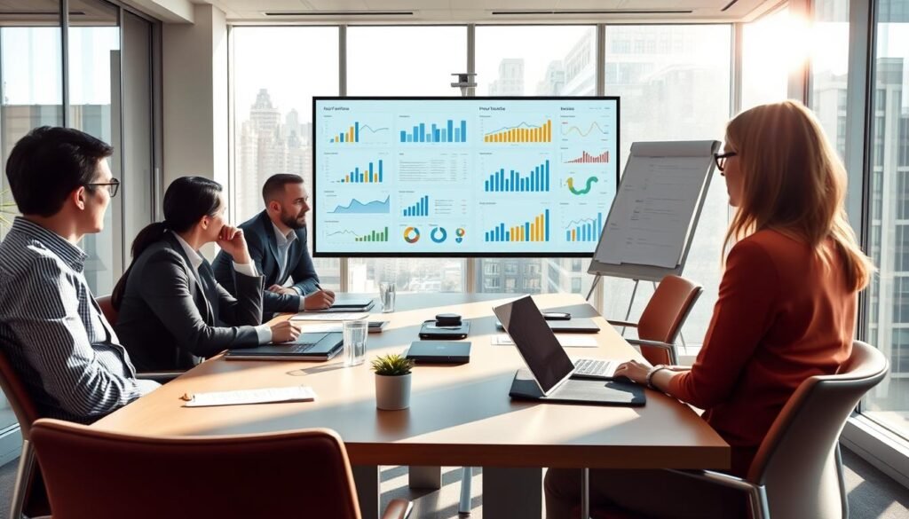 A professional business meeting room with a large table and comfortable chairs. Sunlight streams in through floor-to-ceiling windows, illuminating a variety of analytics charts, graphs, and dashboards displayed on a large interactive whiteboard. Executives and managers lean in, engaged in a thoughtful discussion, evaluating key performance indicators and strategizing ways to optimize their marketing campaigns. The atmosphere is one of collaborative focus, with an emphasis on data-driven decision-making and a commitment to continuous improvement. The overall scene conveys a sense of measured success, where strategic insights guide the path forward. A professional business meeting room with a large table and comfortable chairs. Sunlight streams in through floor-to-ceiling windows, illuminating a variety of analytics charts, graphs, and dashboards displayed on a large interactive whiteboard. Executives and managers lean in, engaged in a thoughtful discussion, evaluating key performance indicators and strategizing ways to optimize their marketing campaigns. The atmosphere is one of collaborative focus, with an emphasis on data-driven decision-making and a commitment to continuous improvement. The overall scene conveys a sense of measured success, where strategic insights guide the path forward.