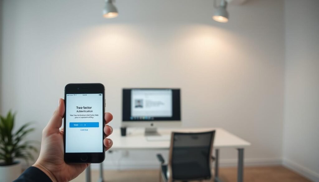 A professional, business-oriented image of authentication. In the foreground, a hand holding a smartphone displaying a two-factor authentication screen. The screen shows a numerical code and a notification prompting the user to verify their identity. In the middle ground, a desktop computer with an open email client displaying a security alert about suspicious activity. The background features a clean, minimalist office setting with a desk, chair, and subtle lighting from overhead fixtures, conveying a sense of productivity and security. The overall mood is one of trustworthiness, cyber-vigilance, and the importance of robust authentication measures in a professional context.