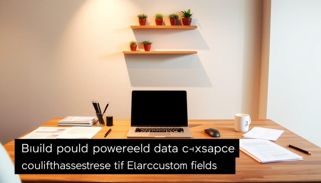 A professional, clean, and well-designed workspace with a laptop, mouse, and keyboard on a wooden desk. The desk is surrounded by neatly organized papers, pens, and a cup of coffee. The background features a simple, minimalist wall with a floating shelf displaying a few potted plants. Warm, soft lighting illuminates the scene, creating a productive and inviting atmosphere. The image conveys the idea of a customized and efficient data capture system, reflecting the section title "Build powerful data capture with GetResponse custom fields".