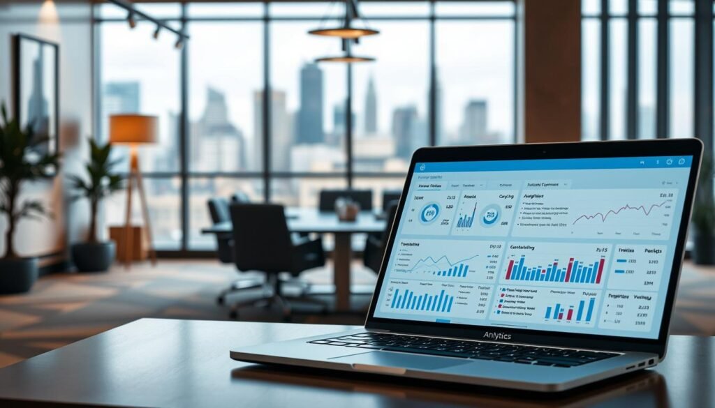 A professional, corporate-style image showcasing email marketing analytics and reporting. In the foreground, a stylish desktop workspace with a laptop displaying detailed email campaign performance metrics, KPIs, and data visualizations. In the middle ground, a modern office setting with tasteful decor, warm lighting, and a sense of productivity. In the background, a city skyline visible through large windows, conveying a sense of urban professionalism. The overall mood is one of efficiency, data-driven decision making, and a commitment to email marketing best practices and deliverability safeguards.