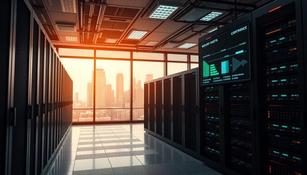 A professional data center interior with rows of server racks, glowing status lights, and a control panel displaying real-time security and compliance metrics. Dramatic high-contrast lighting creates an authoritative atmosphere, while a large window in the background reveals an urban skyline, symbolizing the nonprofit's global reach and robust data infrastructure. The scene conveys a sense of technological sophistication, regulatory adherence, and the protection of sensitive constituent information. A professional data center interior with rows of server racks, glowing status lights, and a control panel displaying real-time security and compliance metrics. Dramatic high-contrast lighting creates an authoritative atmosphere, while a large window in the background reveals an urban skyline, symbolizing the nonprofit's global reach and robust data infrastructure. The scene conveys a sense of technological sophistication, regulatory adherence, and the protection of sensitive constituent information.