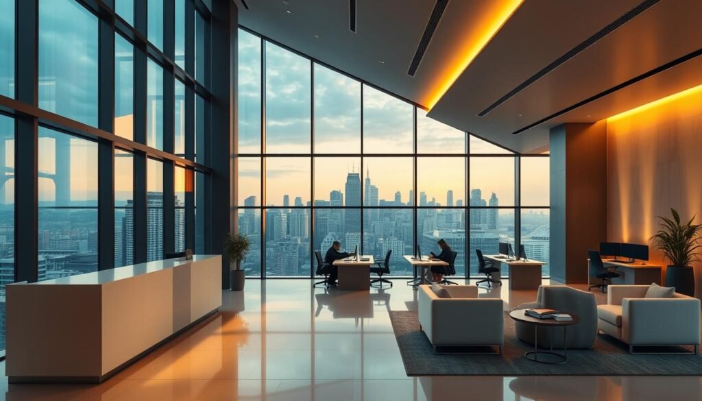 A professional, elegant corporate office interior with a striking architectural design, featuring a large window wall overlooking a scenic cityscape in the background. The foreground showcases a clean, minimalist reception desk and seating area, with a modern, sleek aesthetic. The middle ground contains a few employees working diligently at their desks, creating a sense of a thriving, productive workplace. Warm, directional lighting illuminates the space, casting subtle shadows and highlighting the high-quality furnishings. The overall mood is one of success, innovation, and a company culture that values both design and functionality. The year "1998" is discreetly displayed on a small plaque or signage. A professional, elegant corporate office interior with a striking architectural design, featuring a large window wall overlooking a scenic cityscape in the background. The foreground showcases a clean, minimalist reception desk and seating area, with a modern, sleek aesthetic. The middle ground contains a few employees working diligently at their desks, creating a sense of a thriving, productive workplace. Warm, directional lighting illuminates the space, casting subtle shadows and highlighting the high-quality furnishings. The overall mood is one of success, innovation, and a company culture that values both design and functionality. The year "1998" is discreetly displayed on a small plaque or signage.