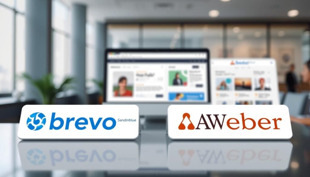 A professional, glossy, and well-lit image of the Brevo (formerly Sendinblue) and AWeber email marketing platforms. The foreground features the Brevo and AWeber logos prominently displayed, with a clean and modern aesthetic. The middle ground showcases the powerful segmentation and multi-channel marketing features of the two platforms, with data visualization elements and intuitive user interfaces. The background has a soft, blurred cityscape or office environment, conveying a sense of productivity and efficiency. The overall mood is one of sophistication, technology, and effective email marketing solutions for real estate agents. A professional, glossy, and well-lit image of the Brevo (formerly Sendinblue) and AWeber email marketing platforms. The foreground features the Brevo and AWeber logos prominently displayed, with a clean and modern aesthetic. The middle ground showcases the powerful segmentation and multi-channel marketing features of the two platforms, with data visualization elements and intuitive user interfaces. The background has a soft, blurred cityscape or office environment, conveying a sense of productivity and efficiency. The overall mood is one of sophistication, technology, and effective email marketing solutions for real estate agents.