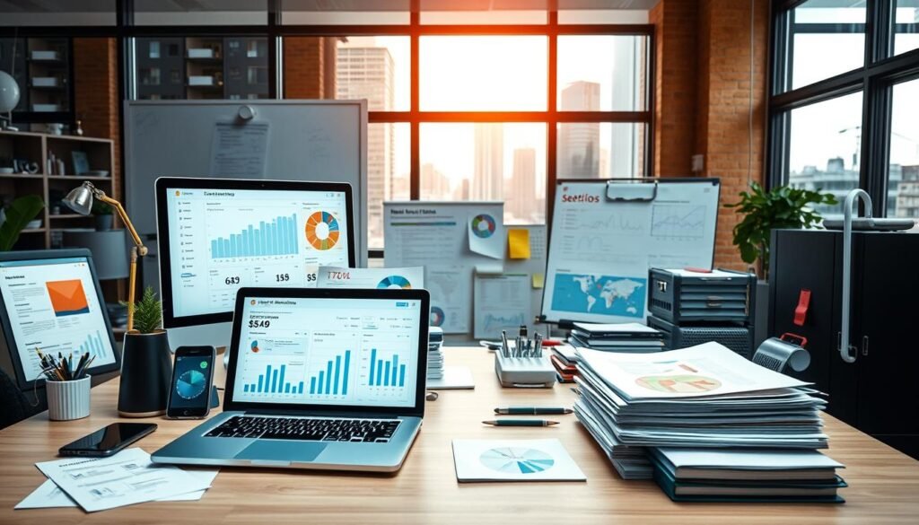 A professional, modern-looking workspace filled with various email marketing tools and analytics. In the foreground, a laptop screen displays a dashboard with data visualizations and metrics. Surrounding it are a desktop computer, a tablet, a smartphone, and a stack of printed reports. In the middle ground, organizational tools like a whiteboard, sticky notes, and a desk organizer create a sense of productivity. The background features a large window with a cityscape view, bathing the scene in warm, natural lighting. The overall mood is one of focused efficiency and data-driven decision-making.