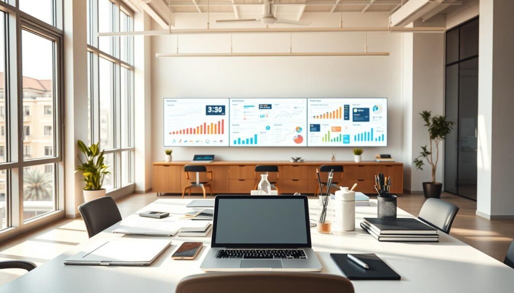 A professional modern office setting with bright, airy natural light filtering in through large windows. In the foreground, a well-organized desk displays a laptop, smartphone, and various office supplies, evoking a productive work environment. In the middle ground, colorful graphs, charts, and email templates are displayed on multiple screens, showcasing the data-driven nature of effective email marketing campaigns. The background features minimalist decor, creating a clean and uncluttered atmosphere conducive to creative ideation. The overall scene conveys a sense of efficiency, innovation, and the strategic planning essential for successful email marketing initiatives.
