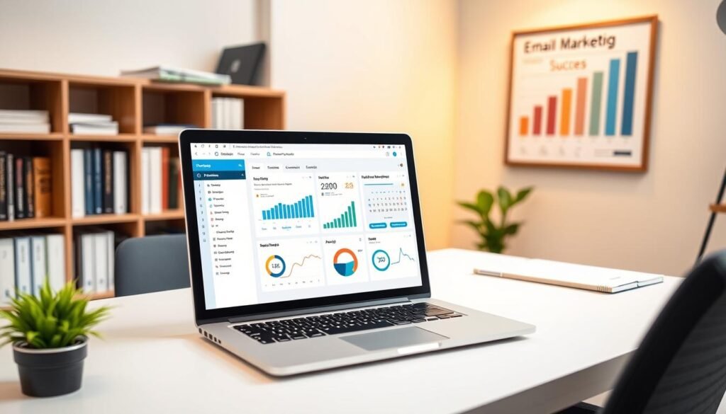 A professional office setting with a laptop on a desk, showcasing email marketing use cases. The laptop screen displays various email marketing tools and metrics. The background features a bookshelf with relevant marketing books and a framed success chart on the wall. Warm, focused lighting illuminates the scene, creating a productive and analytical atmosphere. The composition emphasizes the importance of email marketing for small businesses, with a clean, minimalist aesthetic.