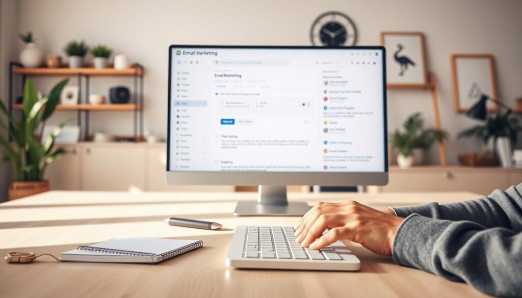 A professional office setting with a large desk, a modern computer, and a notepad. In the foreground, a person's hands are typing on the keyboard, composing the first email campaign. The middle ground features a large monitor displaying an email marketing platform interface, with various tools and settings. The background showcases a minimalist decor, with plants, shelves, and tasteful artwork, conveying a sense of productivity and focus. The lighting is warm and natural, creating a cozy and inviting atmosphere. The overall scene evokes a sense of a beginner's journey into the world of email marketing, ready to embark on their first campaign. A professional office setting with a large desk, a modern computer, and a notepad. In the foreground, a person's hands are typing on the keyboard, composing the first email campaign. The middle ground features a large monitor displaying an email marketing platform interface, with various tools and settings. The background showcases a minimalist decor, with plants, shelves, and tasteful artwork, conveying a sense of productivity and focus. The lighting is warm and natural, creating a cozy and inviting atmosphere. The overall scene evokes a sense of a beginner's journey into the world of email marketing, ready to embark on their first campaign.