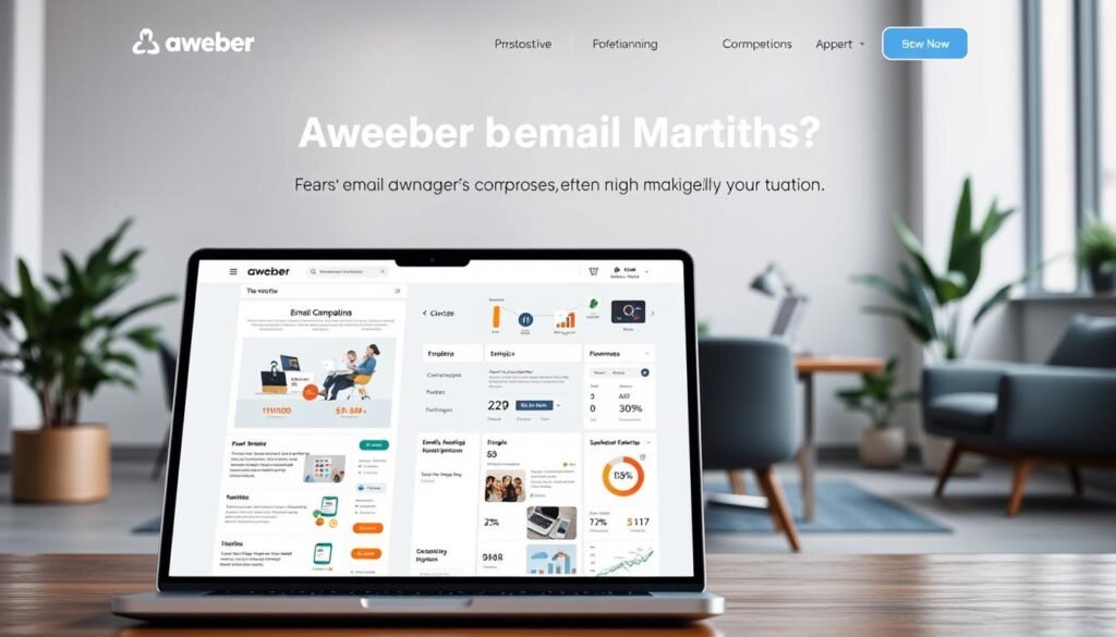 A professional, sleek landing page for AWeber email marketing software. In the foreground, a laptop screen displays a clean, modern email campaign template with customizable elements. The middle ground showcases various email marketing analytics and metrics, conveying AWeber's data-driven approach. In the background, a minimalist office setting with stylish furniture and plants, evoking a productive yet elegant workspace. The lighting is soft and indirect, creating a warm, inviting atmosphere. The overall composition highlights AWeber's robust features, intuitive interface, and professional aesthetic, suitable for a high-quality email marketing solution. A professional, sleek landing page for AWeber email marketing software. In the foreground, a laptop screen displays a clean, modern email campaign template with customizable elements. The middle ground showcases various email marketing analytics and metrics, conveying AWeber's data-driven approach. In the background, a minimalist office setting with stylish furniture and plants, evoking a productive yet elegant workspace. The lighting is soft and indirect, creating a warm, inviting atmosphere. The overall composition highlights AWeber's robust features, intuitive interface, and professional aesthetic, suitable for a high-quality email marketing solution.