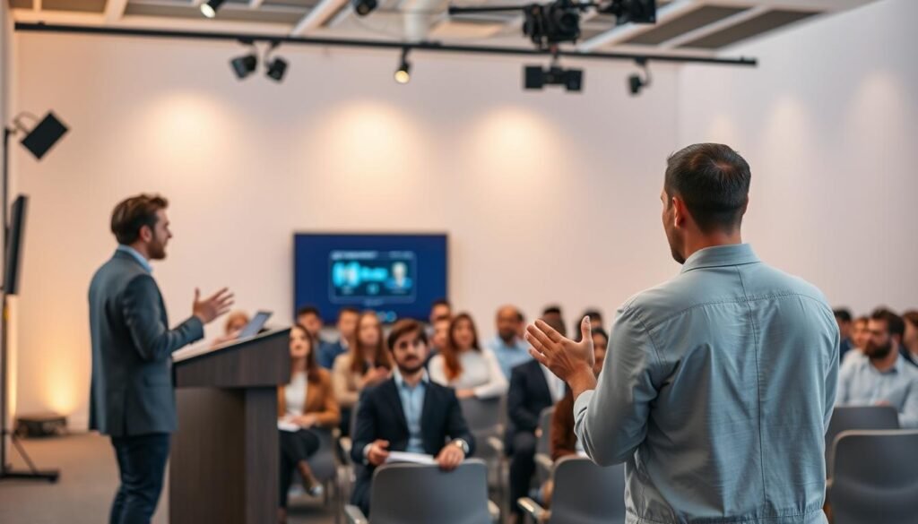 A professional webinar setup with a modern, minimalist design. The foreground features a speaker standing at a podium, gesturing animatedly as they present to the audience. The middle ground showcases rows of attendees, their faces rapt with attention. The background is a clean, well-lit studio with warm, soft lighting that creates a cozy, engaging atmosphere. The overall scene conveys a sense of productive collaboration, knowledge-sharing, and a high-quality virtual event experience.