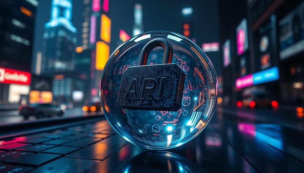 A secure API key floats in the foreground, encased in a translucent glass orb, reflecting a cyberpunk-inspired cityscape in the background. The key's surface shimmers with holographic patterns, conveying a sense of digital security and advanced technology. Dramatic lighting casts dramatic shadows, emphasizing the key's importance and the need for robust safeguards. The scene is captured through a wide-angle lens, creating a sense of depth and immersion, as if the viewer is part of this futuristic, hyper-connected world.