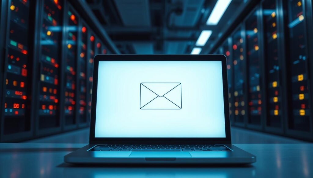 A secure email interface with a sleek, minimalist design. The foreground features a laptop screen displaying a clean, uncluttered email inbox. The background showcases a datacenter with rows of servers and blinking lights, conveying a sense of robust infrastructure and data protection. The lighting is cool and subtle, creating a professional, enterprise-grade atmosphere. The perspective is angled slightly to provide a balanced, dynamic composition. The overall mood is one of trust, reliability, and data security, reflecting the subject matter of the article. A secure email interface with a sleek, minimalist design. The foreground features a laptop screen displaying a clean, uncluttered email inbox. The background showcases a datacenter with rows of servers and blinking lights, conveying a sense of robust infrastructure and data protection. The lighting is cool and subtle, creating a professional, enterprise-grade atmosphere. The perspective is angled slightly to provide a balanced, dynamic composition. The overall mood is one of trust, reliability, and data security, reflecting the subject matter of the article.