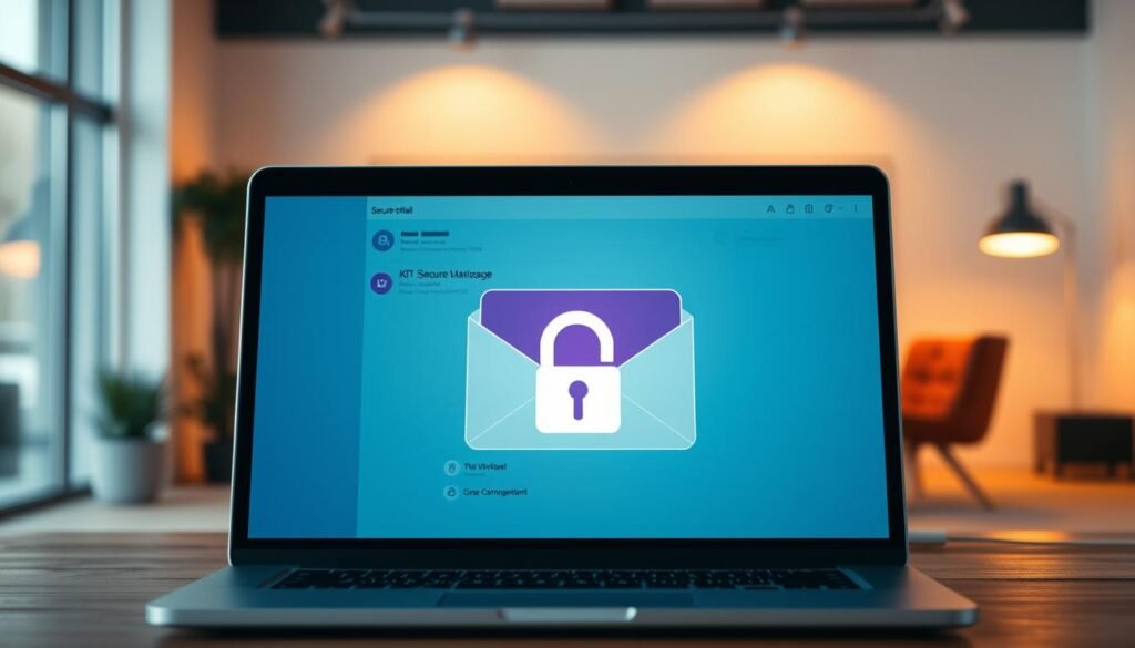 A secure email interface with a sleek, modern design. In the foreground, a laptop screen displays an email window with encrypted message details and security icons. The middle ground features a padlock symbol, representing secure data transmission. The background depicts a serene office setting with minimalist furniture and warm, ambient lighting, conveying a sense of professionalism and trust. The overall scene should evoke a feeling of confidence in the email's privacy and safety, suitable for a guide on secure communication solutions. A secure email interface with a sleek, modern design. In the foreground, a laptop screen displays an email window with encrypted message details and security icons. The middle ground features a padlock symbol, representing secure data transmission. The background depicts a serene office setting with minimalist furniture and warm, ambient lighting, conveying a sense of professionalism and trust. The overall scene should evoke a feeling of confidence in the email's privacy and safety, suitable for a guide on secure communication solutions.