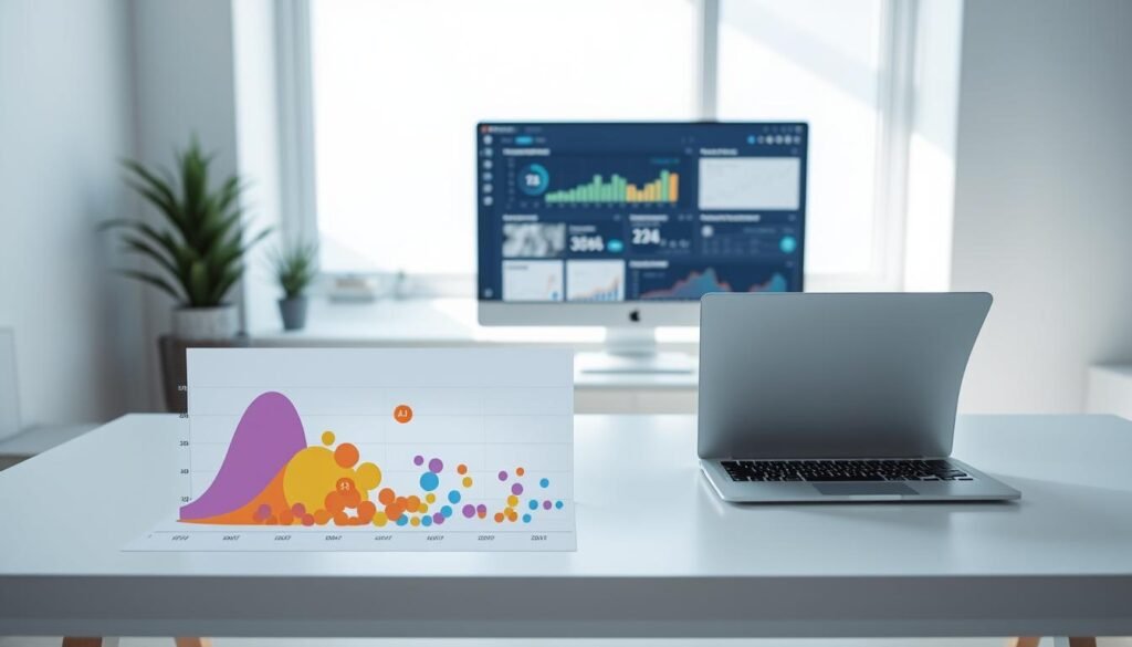 A serene, minimalist workspace with a clean, white desk and a sleek laptop. In the foreground, a scatter plot chart depicting A/B test results for email marketing campaigns, with vibrant colors and clear data visualization. The middle ground features a desktop monitor displaying a comprehensive analytics dashboard, revealing key performance metrics and insights. Soft, natural lighting from a large window creates a calm, professional atmosphere, while a subtle blend of blues and grays conveys a sense of productivity and focus. The image should evoke a modern, data-driven approach to optimizing email marketing strategies. A serene, minimalist workspace with a clean, white desk and a sleek laptop. In the foreground, a scatter plot chart depicting A/B test results for email marketing campaigns, with vibrant colors and clear data visualization. The middle ground features a desktop monitor displaying a comprehensive analytics dashboard, revealing key performance metrics and insights. Soft, natural lighting from a large window creates a calm, professional atmosphere, while a subtle blend of blues and grays conveys a sense of productivity and focus. The image should evoke a modern, data-driven approach to optimizing email marketing strategies.