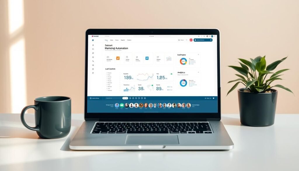 A serene, minimalist workspace with a sleek laptop, a coffee mug, and a plant, set against a soft, blurred background. The laptop screen displays a clean, intuitive marketing automation software interface, showcasing key features like email campaigns, lead generation, and analytics. Warm, natural lighting illuminates the scene, creating a calm and productive atmosphere. The overall composition emphasizes the fundamentals of marketing automation, conveying a sense of efficiency, organization, and a focus on data-driven decision-making. A serene, minimalist workspace with a sleek laptop, a coffee mug, and a plant, set against a soft, blurred background. The laptop screen displays a clean, intuitive marketing automation software interface, showcasing key features like email campaigns, lead generation, and analytics. Warm, natural lighting illuminates the scene, creating a calm and productive atmosphere. The overall composition emphasizes the fundamentals of marketing automation, conveying a sense of efficiency, organization, and a focus on data-driven decision-making.