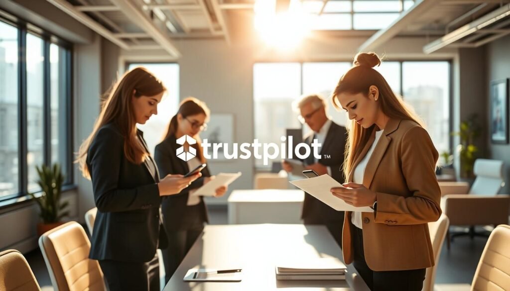 A serene office setting, illuminated by warm natural light filtering through large windows. In the foreground, a team of professionals engaged in an ethical review process, examining digital devices and documents with meticulous attention to detail. The middle ground showcases a Trustpilot logo, symbolizing the importance of transparent and compliant online reviews. The background depicts a modern, minimalist workspace, with sleek furniture and subtle artwork, conveying a sense of professionalism and integrity. The overall atmosphere is one of focused collaboration, where the team strives to uphold the highest standards of ethical review collection and adherence to Trustpilot guidelines.