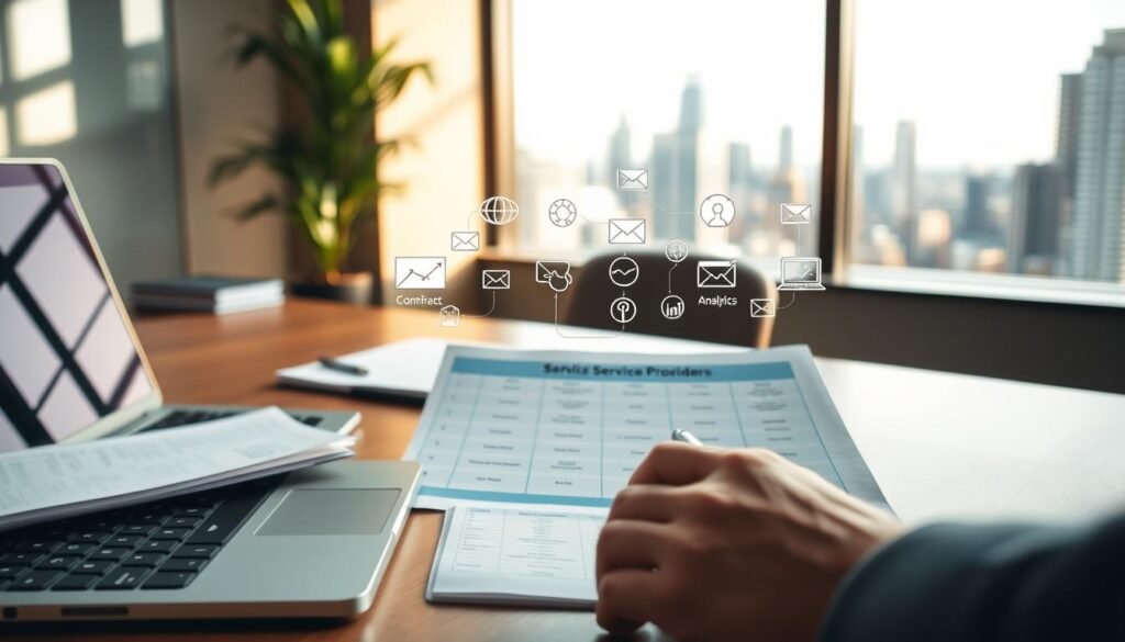 A serene office setting, with a desk featuring a laptop, notebook, and pen. In the foreground, a person thoughtfully contemplates a chart comparing service providers. The middle ground showcases a range of metaphorical icons representing key features, such as contact management, email marketing, and analytics. The background features a softly blurred cityscape, conveying a sense of professional decision-making. Warm, natural lighting casts a contemplative atmosphere, while the camera angle suggests a close, intimate perspective on the decision-making process. A serene office setting, with a desk featuring a laptop, notebook, and pen. In the foreground, a person thoughtfully contemplates a chart comparing service providers. The middle ground showcases a range of metaphorical icons representing key features, such as contact management, email marketing, and analytics. The background features a softly blurred cityscape, conveying a sense of professional decision-making. Warm, natural lighting casts a contemplative atmosphere, while the camera angle suggests a close, intimate perspective on the decision-making process.