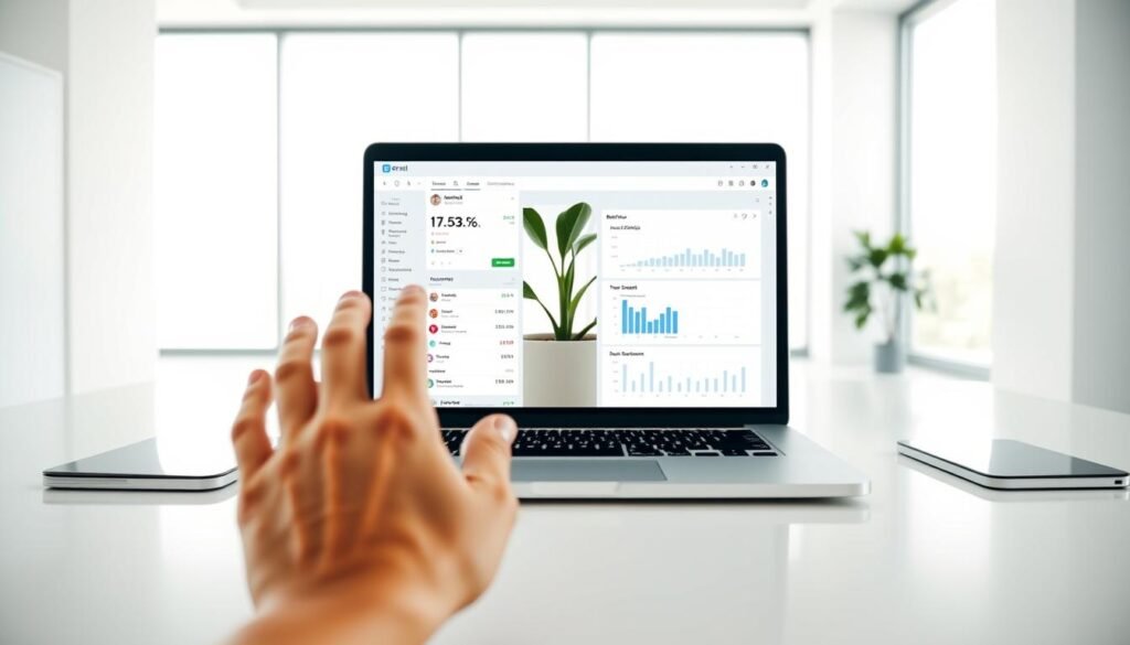 A serene, well-lit office scene with a sleek, modern desk and a laptop displaying an email inbox. The laptop screen shows various email metrics and analytics, illustrating the concept of email deliverability. In the foreground, a hand reaches for the laptop, symbolizing the user's engagement with the email performance data. The middle ground features a potted plant, adding a touch of organic nature to the otherwise digital environment. The background showcases a minimalist, airy space with large windows, allowing natural light to flood the scene and creating a sense of openness and clarity. The overall mood is one of professionalism, efficiency, and a focus on email marketing optimization.