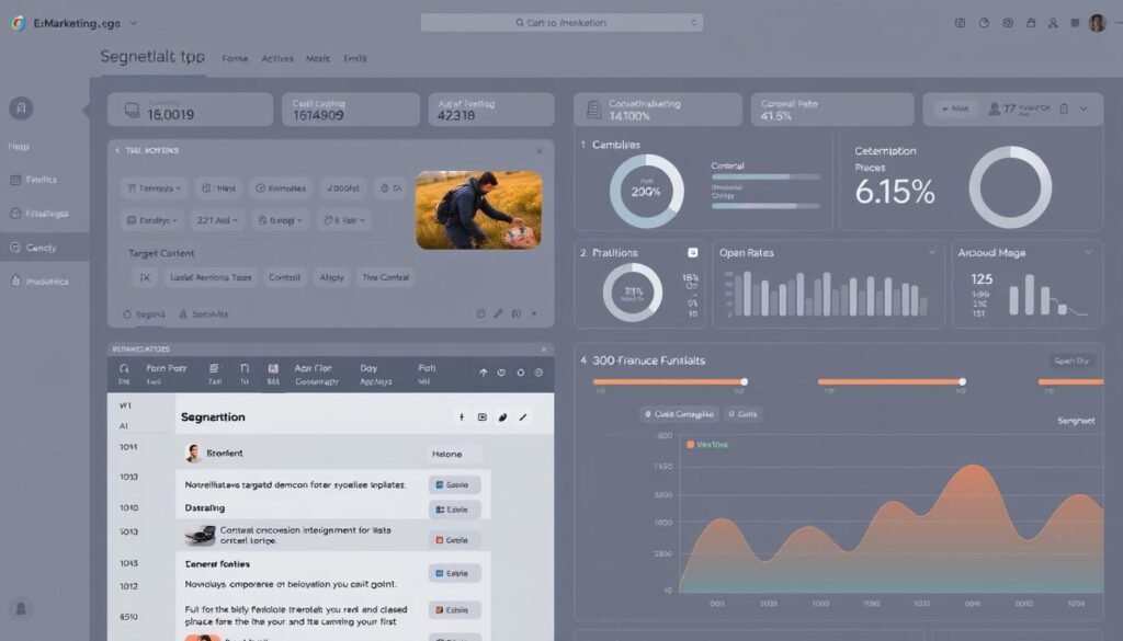 A sleek and modern email marketing dashboard, featuring a clean interface with segmentation tools, automation workflows, and real-time analytics. The foreground showcases a detailed email editor, with options to customize templates, personalize content, and schedule campaigns. In the middle ground, a segmentation panel allows the user to create targeted audiences based on demographics, behavior, and engagement data. The background depicts a panoramic view of performance metrics, including open rates, click-through rates, and conversion funnels, all rendered in a minimal, data-driven aesthetic.