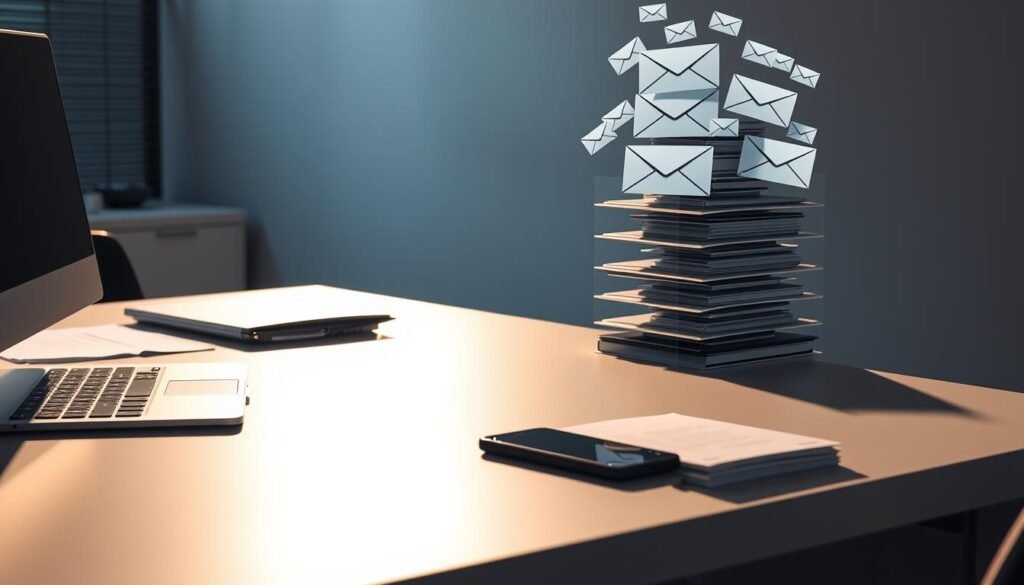 A sleek and modern office desk, with a laptop, mobile phone, and a stack of papers neatly arranged. The desk is illuminated by a warm, diffused light, casting subtle shadows. In the background, a towering stack of envelopes and email icons float, symbolizing the concept of email deliverability. The scene has a sense of professionalism and focus, conveying the importance of maintaining strong email authentication, content, and design to ensure successful email marketing campaigns.
