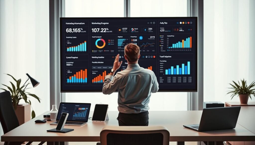 A sleek and modern office setting, featuring a stylish workstation with a laptop, tablet, and other digital devices. In the foreground, a person stands before a large, interactive display, gesturing intuitively as they navigate a visually appealing marketing automation dashboard. The middle ground showcases various analytical charts, graphs, and data visualizations, illuminating the power and efficiency of marketing automation. The background is filled with a soft, warm lighting, creating a sense of productivity and professionalism. The overall atmosphere conveys a seamless integration of technology and human expertise, highlighting the effectiveness of marketing automation for growing businesses.