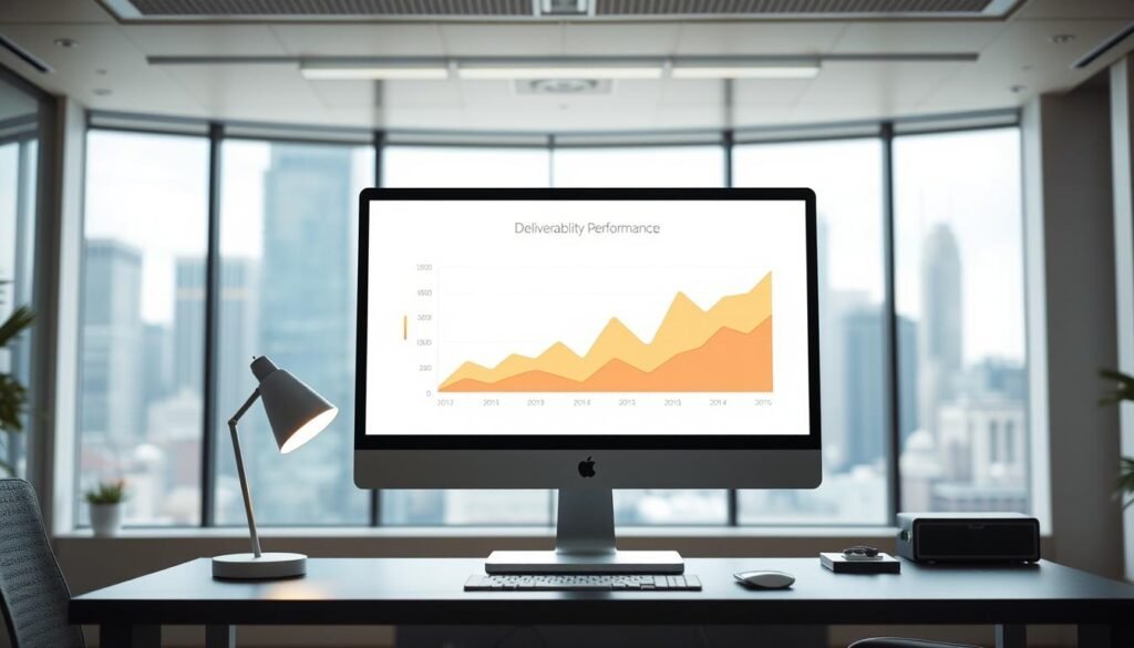 A sleek and modern office setting, with a large desktop computer display showcasing a graph representing "Deliverability Performance". The graph features clean, minimalist lines and vibrant colors, clearly illustrating email delivery metrics. The lighting is bright and diffused, creating a professional atmosphere. The computer is positioned on a well-organized desk, with a stylish lamp and a few carefully placed office supplies. In the background, a blurred view of a city skyline through a large window, hinting at the broader context of email marketing and data-driven decision making. A sleek and modern office setting, with a large desktop computer display showcasing a graph representing "Deliverability Performance". The graph features clean, minimalist lines and vibrant colors, clearly illustrating email delivery metrics. The lighting is bright and diffused, creating a professional atmosphere. The computer is positioned on a well-organized desk, with a stylish lamp and a few carefully placed office supplies. In the background, a blurred view of a city skyline through a large window, hinting at the broader context of email marketing and data-driven decision making.