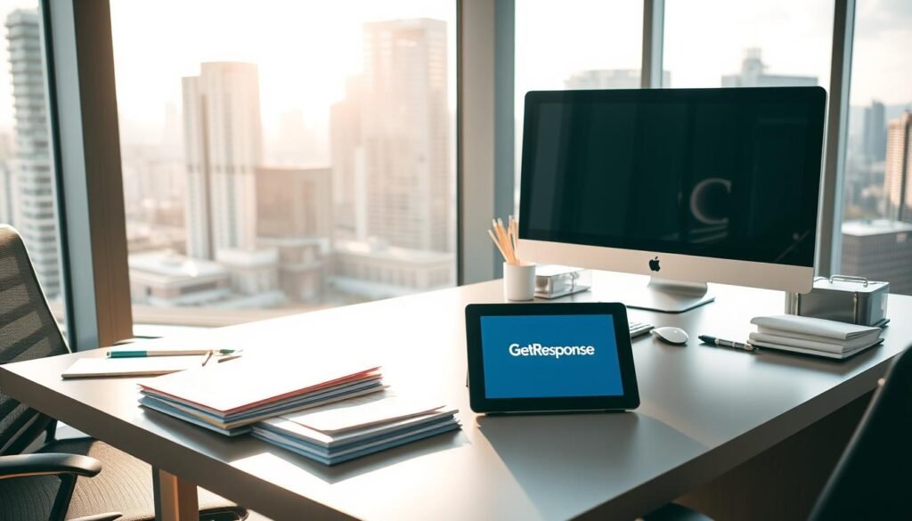 A sleek and modern office space with a large desk, a computer monitor, and various office supplies. The desk is positioned in front of a large window, allowing natural light to stream in and create a warm, productive atmosphere. On the desk, there is a neatly organized array of papers, folders, and a tablet displaying the GetResponse logo. The background features a cityscape with tall buildings, suggesting the importance of effective email deliverability in a bustling urban environment. The overall scene conveys a sense of professionalism, efficiency, and attention to detail, reflecting the best practices for GetResponse transactional deliverability. A sleek and modern office space with a large desk, a computer monitor, and various office supplies. The desk is positioned in front of a large window, allowing natural light to stream in and create a warm, productive atmosphere. On the desk, there is a neatly organized array of papers, folders, and a tablet displaying the GetResponse logo. The background features a cityscape with tall buildings, suggesting the importance of effective email deliverability in a bustling urban environment. The overall scene conveys a sense of professionalism, efficiency, and attention to detail, reflecting the best practices for GetResponse transactional deliverability.