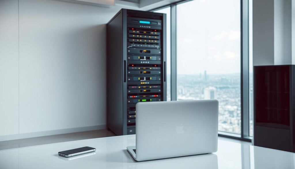 A sleek and modern office space, with clean lines and minimalist design. In the foreground, a laptop and smartphone sit on a pristine glass desk, representing the digital nature of data security. The middle ground features a towering server rack, its blinking lights and cooling fans symbolizing the technological backbone of data protection. In the background, a vast, expansive window offers a panoramic view of a bustling cityscape, underscoring the global scale and importance of robust cybersecurity measures. The lighting is crisp and even, creating a sense of professionalism and reliability. The overall atmosphere conveys a sense of confidence, control, and the ability to safeguard sensitive information.