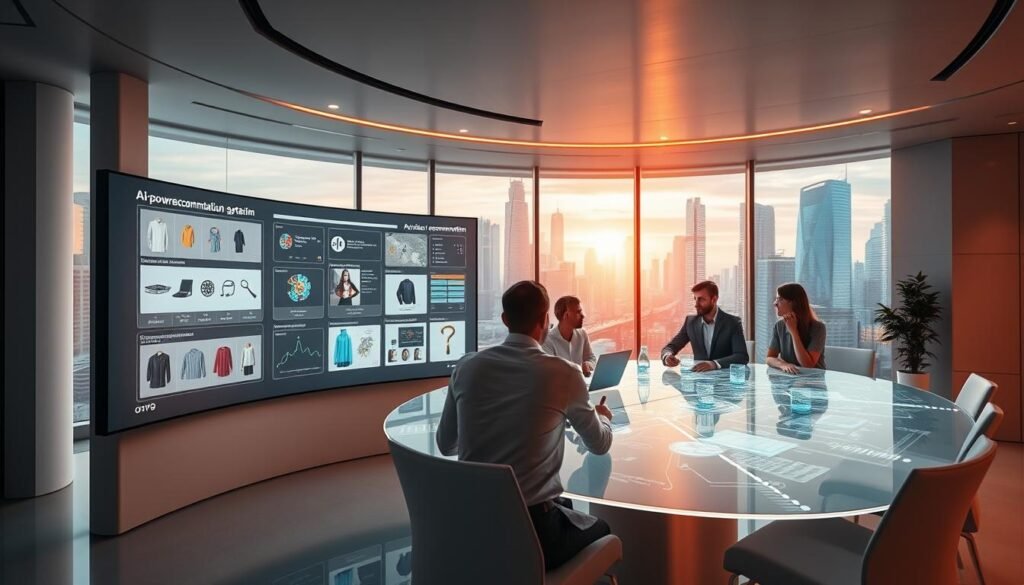 A sleek, futuristic office interior with a minimalist aesthetic. In the foreground, a large curved display shows a sophisticated AI-powered product recommendation system, with dynamic visualizations of customer data and personalized product suggestions. The middle ground features a team of analysts and designers collaborating around a holographic brainstorming table, their expressions focused as they optimize the recommendation algorithms. The background reveals the cityscape outside, with towering skyscrapers and a vibrant, neon-lit skyline, conveying a sense of innovation and technological progress. Warm, directional lighting highlights the key elements, creating a sense of depth and atmosphere.