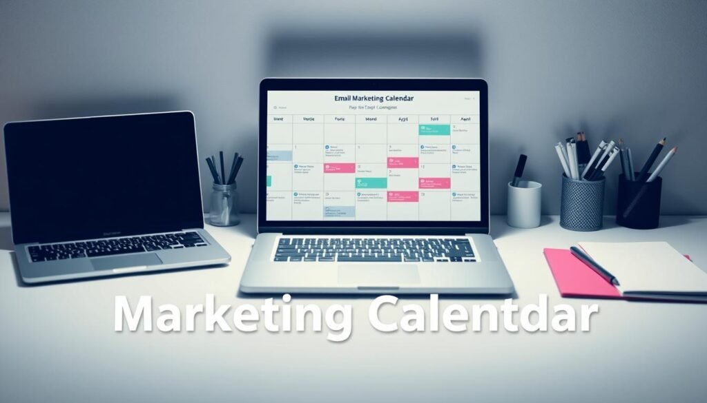 A sleek, minimalist desk setup featuring a laptop, calendar, and various office supplies. The calendar is the focal point, displaying a well-organized, color-coded email marketing schedule with key dates and campaign details. Soft, directional lighting illuminates the scene, creating a professional and organized atmosphere. The background is a simple, neutral-toned wall or workspace, allowing the calendar and its contents to stand out. The overall composition conveys a sense of productivity, planning, and efficiency - the perfect illustration for a guide on building an effective email marketing calendar. A sleek, minimalist desk setup featuring a laptop, calendar, and various office supplies. The calendar is the focal point, displaying a well-organized, color-coded email marketing schedule with key dates and campaign details. Soft, directional lighting illuminates the scene, creating a professional and organized atmosphere. The background is a simple, neutral-toned wall or workspace, allowing the calendar and its contents to stand out. The overall composition conveys a sense of productivity, planning, and efficiency - the perfect illustration for a guide on building an effective email marketing calendar.