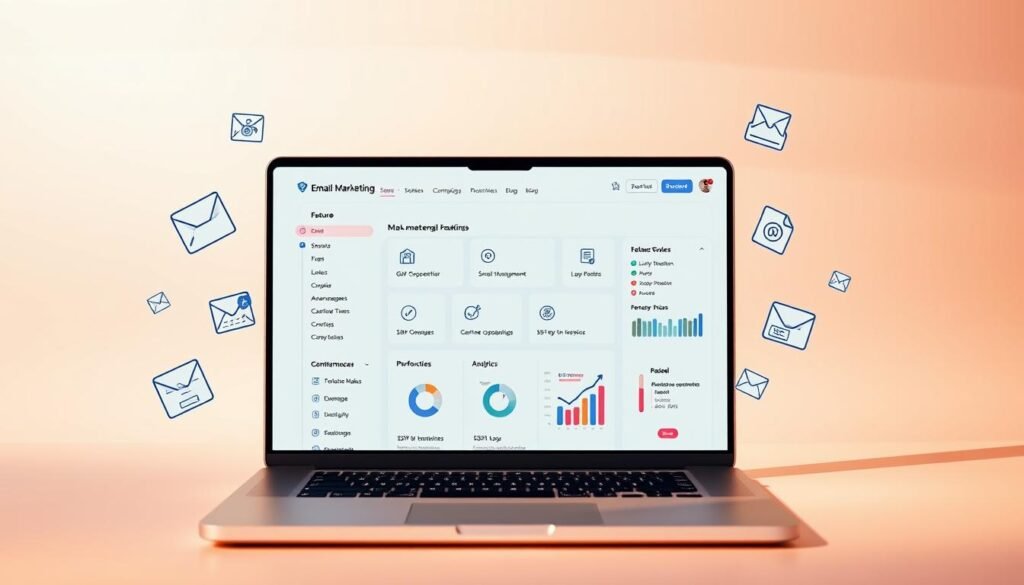 A sleek, minimalist email marketing dashboard set against a soft, gradient background. In the center, a laptop displays a clean, intuitive interface showcasing the core features of an email marketing starter plan - subscriber management, campaign creation, and performance analytics. The layout is well-organized, with clear icons and a user-friendly navigation menu. Surrounding the laptop, stylized icons and graphics suggest the plan's ease of use and powerful capabilities for small businesses. The lighting is warm and directional, creating depth and highlighting the key elements. The overall tone is one of professionalism, productivity, and accessible sophistication. A sleek, minimalist email marketing dashboard set against a soft, gradient background. In the center, a laptop displays a clean, intuitive interface showcasing the core features of an email marketing starter plan - subscriber management, campaign creation, and performance analytics. The layout is well-organized, with clear icons and a user-friendly navigation menu. Surrounding the laptop, stylized icons and graphics suggest the plan's ease of use and powerful capabilities for small businesses. The lighting is warm and directional, creating depth and highlighting the key elements. The overall tone is one of professionalism, productivity, and accessible sophistication.
