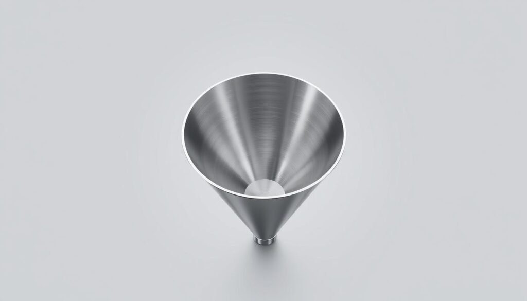 A sleek, minimalist illustration of a sales funnel, captured in a cinematic, top-down perspective. The funnel's tapered shape is rendered in a metallic, brushed steel finish, conveying a sense of refinement and precision. Subtle highlights and shadows emphasize the three-dimensional form, creating depth and dimension. The background is a clean, neutral gradient, allowing the funnel to take center stage and command attention. The overall mood is one of professionalism, efficiency, and clarity - a visual representation of the strategic "pick your funnel path" concept.
