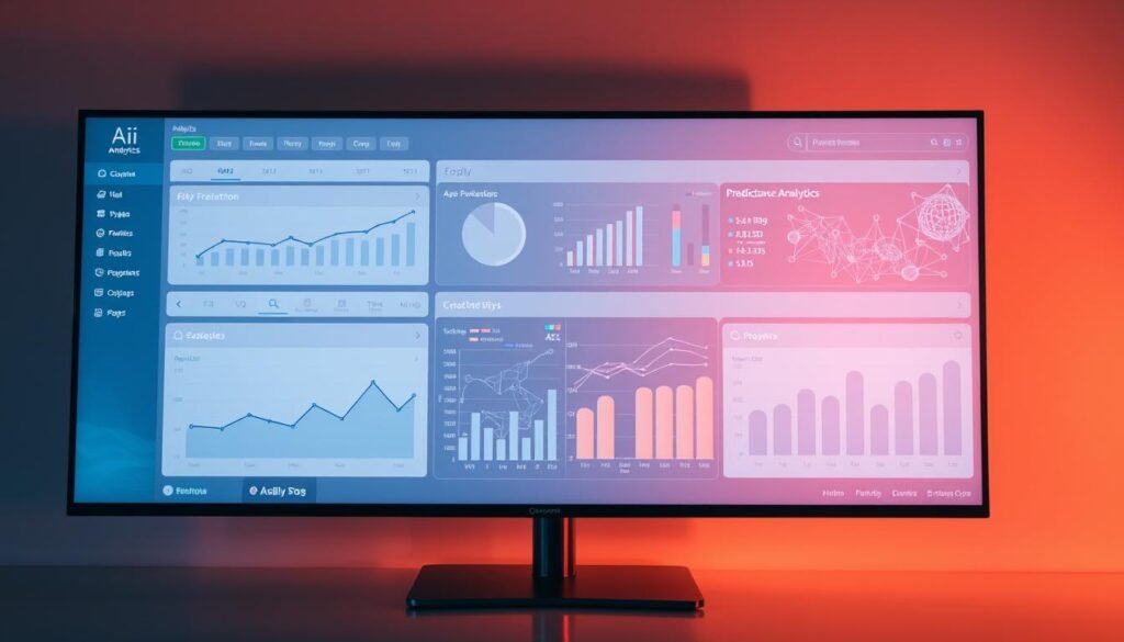 A sleek, modern analytics dashboard displayed on a large flat-screen monitor, illuminated by warm, indirect lighting. The dashboard presents a variety of data visualizations, including interactive line graphs, pie charts, and bar graphs, all showcasing insightful metrics and Key Performance Indicators (KPIs). The foreground features a clean, minimalist user interface with intuitive controls and filters, allowing the user to effortlessly navigate and analyze the data. The middle ground depicts a sophisticated AI-powered predictive analytics module, with complex algorithms and neural networks visualized in the background. The overall atmosphere is one of data-driven decision-making, deep business intelligence, and cutting-edge technological prowess.