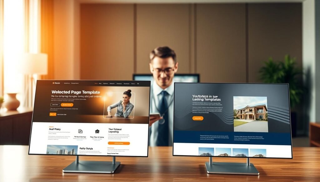 A sleek, modern comparison of two landing page templates, one a dedicated page builder and the other a native template. The foreground features the two templates side-by-side, showcasing their distinct visual styles and layout options. The middle ground depicts a real estate agent reviewing the templates on a high-resolution display, evaluating their features and suitability for their marketing needs. The background sets an elegant office scene, with warm lighting and minimalist decor, conveying a professional, decision-making environment. The overall mood is one of thoughtful consideration, where the real estate agent must weigh the tradeoffs between the two options to determine the best fit for their campaign.