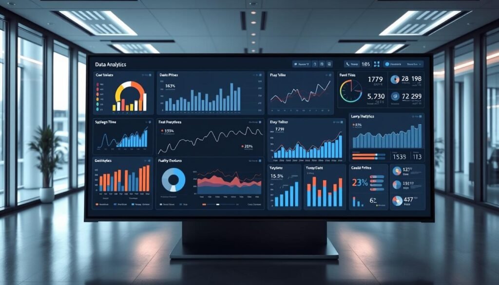 A sleek, modern data analytics dashboard with dynamic visualizations on a large, high-resolution display. The foreground features interactive charts, graphs, and infographics displaying key business metrics. The middle ground showcases intuitive user interface elements, clean typography, and precise data points. The background depicts a minimalist office setting with floor-to-ceiling windows, subtle lighting, and a sense of technological sophistication. The overall mood is one of analytical clarity, strategic insights, and data-driven decision making.