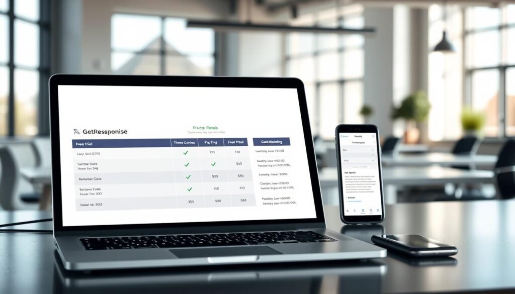 A sleek, modern desktop setup showcasing the pricing and free trial details of two email marketing services. In the foreground, a laptop displays the comparison between GetResponse and Mad Mimi, with neatly arranged pricing tables and free trial options. The middle ground features a smartphone displaying additional details, while the background depicts a clean, minimalist office environment with natural lighting pouring in through large windows. The overall mood is professional, informative, and visually appealing, highlighting the key details needed to make an informed decision about the email marketing platforms.