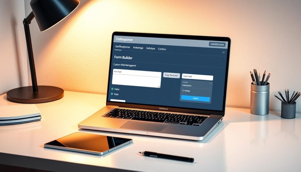 A sleek, modern desktop workspace with a laptop displaying the GetResponse WordPress plugin interface. A vibrant, clean interface showcases the form builder and custom field management options. Warm, directional lighting highlights the laptop screen and creates depth. Minimalist, elegant desk setup with a tablet, stylus, and neatly arranged office supplies. The overall atmosphere is professional, productive, and intuitive, reflecting the ease of integrating GetResponse with Formidable Forms for a streamlined subscriber management experience.