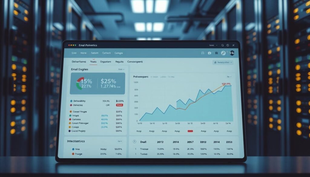 A sleek, modern email application interface against a background of data analytics and server infrastructure. In the foreground, an email dashboard displays metrics like deliverability rates, bounce rates, and recipient engagement. In the middle ground, a graph visualizes email performance trends over time. In the background, a data center with server racks and glowing indicator lights conveys the technical backend powering email deliverability. Soft, directional lighting creates depth and highlights the key elements. The overall mood is one of professionalism, efficiency, and attention to email marketing performance. A sleek, modern email application interface against a background of data analytics and server infrastructure. In the foreground, an email dashboard displays metrics like deliverability rates, bounce rates, and recipient engagement. In the middle ground, a graph visualizes email performance trends over time. In the background, a data center with server racks and glowing indicator lights conveys the technical backend powering email deliverability. Soft, directional lighting creates depth and highlights the key elements. The overall mood is one of professionalism, efficiency, and attention to email marketing performance.
