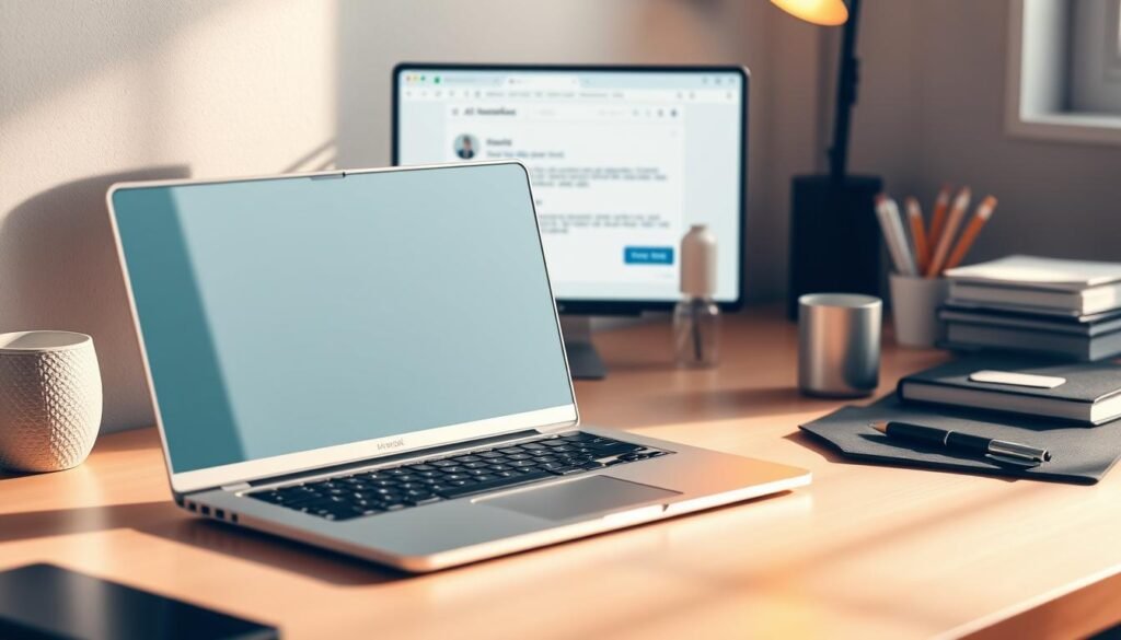 A sleek, modern office desk with a laptop, a stylish mug, and a few carefully placed office supplies. The laptop screen displays an email interface with a clean, minimalist design, showcasing the AI-powered features that streamline email workflows. The scene is bathed in warm, directional lighting that casts subtle shadows, creating a sense of depth and professionalism. The overall atmosphere conveys efficiency, productivity, and the seamless integration of AI technology into the ecommerce workflow. A sleek, modern office desk with a laptop, a stylish mug, and a few carefully placed office supplies. The laptop screen displays an email interface with a clean, minimalist design, showcasing the AI-powered features that streamline email workflows. The scene is bathed in warm, directional lighting that casts subtle shadows, creating a sense of depth and professionalism. The overall atmosphere conveys efficiency, productivity, and the seamless integration of AI technology into the ecommerce workflow.