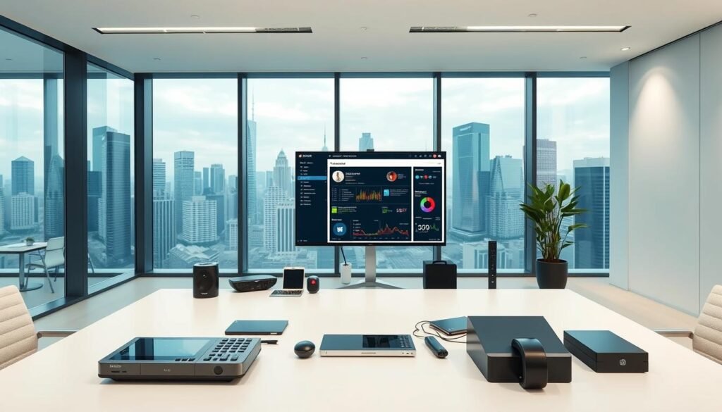 A sleek, modern office interior with a minimalist aesthetic. In the foreground, various digital devices and gadgets are arranged neatly on a clean, white desk, representing the different tools and platforms that can be integrated. The middle ground showcases a large monitor displaying a web-based dashboard, illustrating the seamless connectivity between these integrated systems. In the background, floor-to-ceiling windows provide a panoramic view of a bustling city skyline, symbolizing the expansive possibilities for growth and efficiency when various digital tools work in harmony. The lighting is soft and diffused, creating a calming, professional atmosphere. The overall scene conveys a sense of productivity, innovation, and the power of integrated technology to streamline workflows. A sleek, modern office interior with a minimalist aesthetic. In the foreground, various digital devices and gadgets are arranged neatly on a clean, white desk, representing the different tools and platforms that can be integrated. The middle ground showcases a large monitor displaying a web-based dashboard, illustrating the seamless connectivity between these integrated systems. In the background, floor-to-ceiling windows provide a panoramic view of a bustling city skyline, symbolizing the expansive possibilities for growth and efficiency when various digital tools work in harmony. The lighting is soft and diffused, creating a calming, professional atmosphere. The overall scene conveys a sense of productivity, innovation, and the power of integrated technology to streamline workflows.