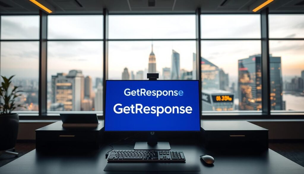 A sleek, modern office interior with large windows overlooking a bustling city skyline. In the center of the frame, the GetResponse marketing platform logo is prominently displayed on a state-of-the-art desk setup, complete with a high-resolution monitor, keyboard, and mouse. The lighting is soft and warm, creating a professional yet inviting atmosphere. The background is blurred, keeping the focus on the main subject. The camera angle is slightly elevated, giving the impression of a well-designed, thoughtfully curated workspace that reflects the sophistication and innovation of the GetResponse brand. A sleek, modern office interior with large windows overlooking a bustling city skyline. In the center of the frame, the GetResponse marketing platform logo is prominently displayed on a state-of-the-art desk setup, complete with a high-resolution monitor, keyboard, and mouse. The lighting is soft and warm, creating a professional yet inviting atmosphere. The background is blurred, keeping the focus on the main subject. The camera angle is slightly elevated, giving the impression of a well-designed, thoughtfully curated workspace that reflects the sophistication and innovation of the GetResponse brand.