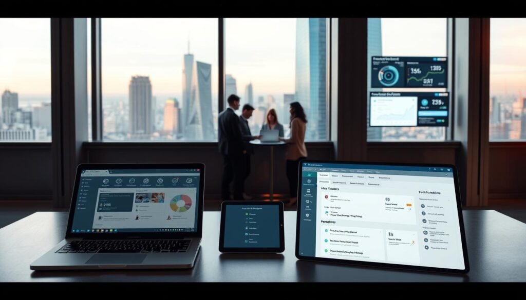 A sleek, modern office interior with large windows overlooking a bustling city skyline. In the foreground, a well-designed desk setup features a laptop, tablet, and a detailed user interface displaying various marketing automation controls and customization options. The desk is illuminated by a combination of soft, indirect lighting and the warm glow of the city outside. In the middle ground, a team of professionals collaborates, discussing strategies and analyzing data visualizations on wall-mounted displays. The background features a minimalist, high-tech aesthetic with clean lines and subtle textures, conveying a sense of efficiency and advanced technological capabilities. A sleek, modern office interior with large windows overlooking a bustling city skyline. In the foreground, a well-designed desk setup features a laptop, tablet, and a detailed user interface displaying various marketing automation controls and customization options. The desk is illuminated by a combination of soft, indirect lighting and the warm glow of the city outside. In the middle ground, a team of professionals collaborates, discussing strategies and analyzing data visualizations on wall-mounted displays. The background features a minimalist, high-tech aesthetic with clean lines and subtle textures, conveying a sense of efficiency and advanced technological capabilities.