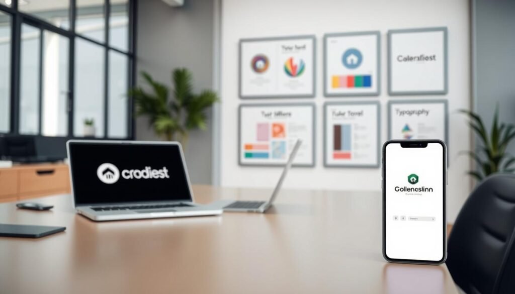 A sleek, modern office setting with a focus on consistent branding. In the foreground, a stylish workstation features a minimalist desk, a laptop, and a smartphone displaying a cohesive brand identity across the screen. In the middle ground, a set of framed brand assets, such as a logo, color palette, and typography, hang on the walls, emphasizing the importance of visual consistency. The background showcases a clean, well-lit space with large windows, allowing natural light to create a bright, airy atmosphere. The overall scene conveys a sense of professionalism, attention to detail, and a strong brand identity.