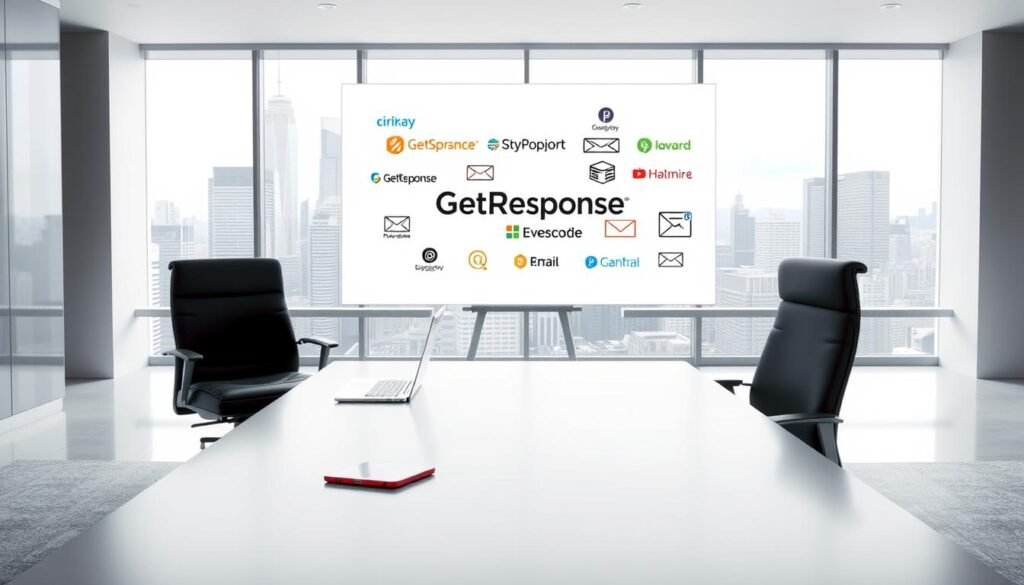 A sleek, modern office setting with a large desk and ergonomic chair in the foreground. On the desk, a laptop and smartphone are placed, symbolizing digital communication. In the middle ground, an array of email provider logos, including GetResponse, are displayed on a whiteboard or digital screen. The background features a cityscape with skyscrapers, conveying a professional, corporate atmosphere. Soft, directional lighting illuminates the scene, creating depth and a sense of sophistication. The overall mood is one of thoughtful consideration, as the viewer contemplates the decision of which email provider to use for their transactional needs. A sleek, modern office setting with a large desk and ergonomic chair in the foreground. On the desk, a laptop and smartphone are placed, symbolizing digital communication. In the middle ground, an array of email provider logos, including GetResponse, are displayed on a whiteboard or digital screen. The background features a cityscape with skyscrapers, conveying a professional, corporate atmosphere. Soft, directional lighting illuminates the scene, creating depth and a sense of sophistication. The overall mood is one of thoughtful consideration, as the viewer contemplates the decision of which email provider to use for their transactional needs.